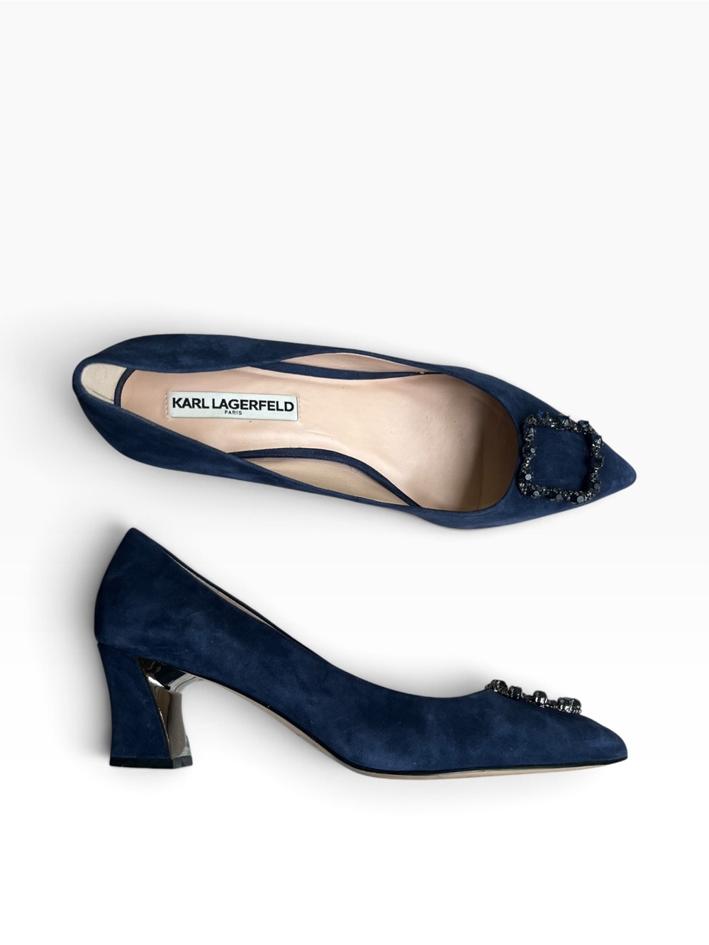 Karl Lagerfeld Navy Suede Pointed Toe Mid Block Heel Pumps with Crystal Buckle